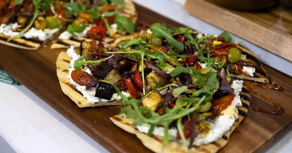 Flatbread with roasted vegetables and herbed goat cheese