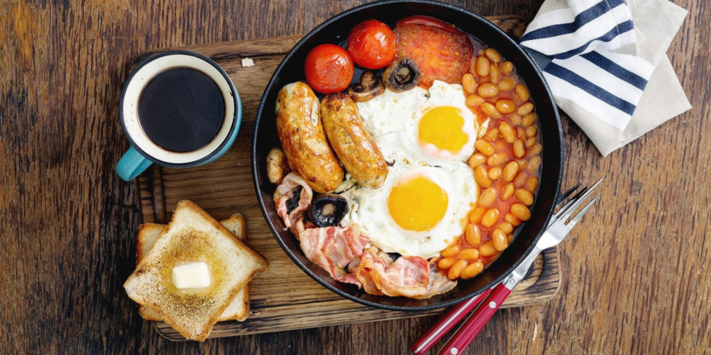 An English breakfast with a poached egg
